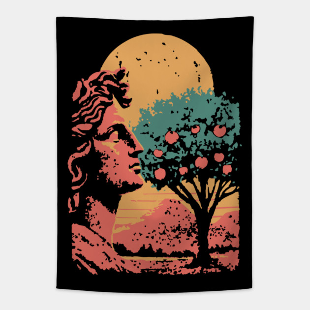 Contemplative Woman in Orange Grove - Retro Art Nouveau Illustration Tapestry by TuncGK