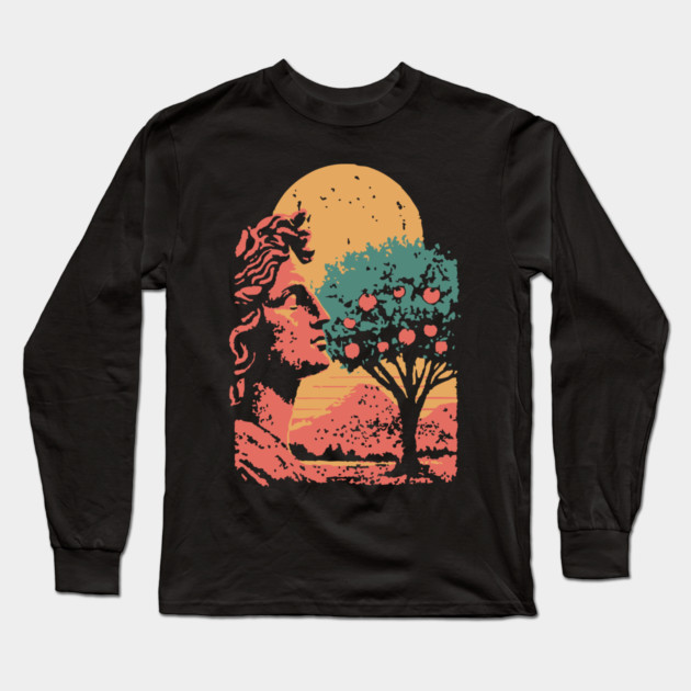 Contemplative Woman in Orange Grove - Retro Art Nouveau Illustration Long Sleeve T-Shirt by TuncGK