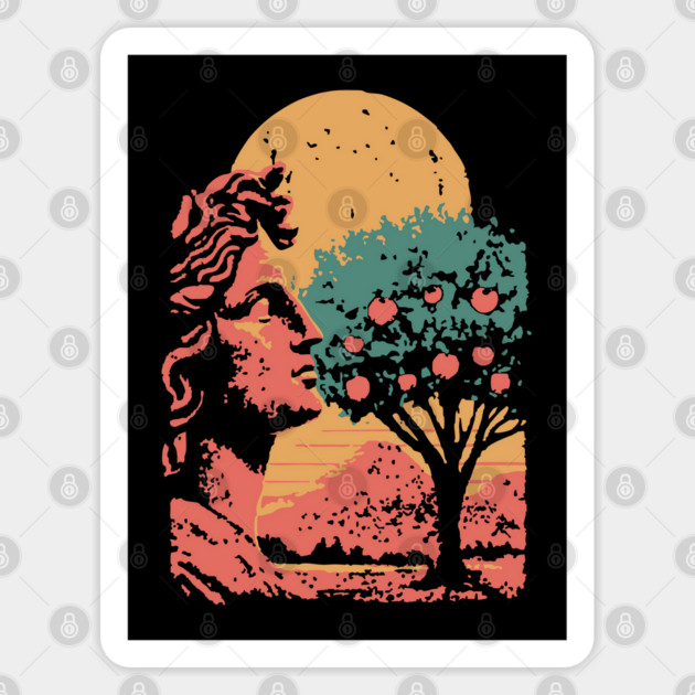 Contemplative Woman in Orange Grove - Retro Art Nouveau Illustration Sticker by TuncGK