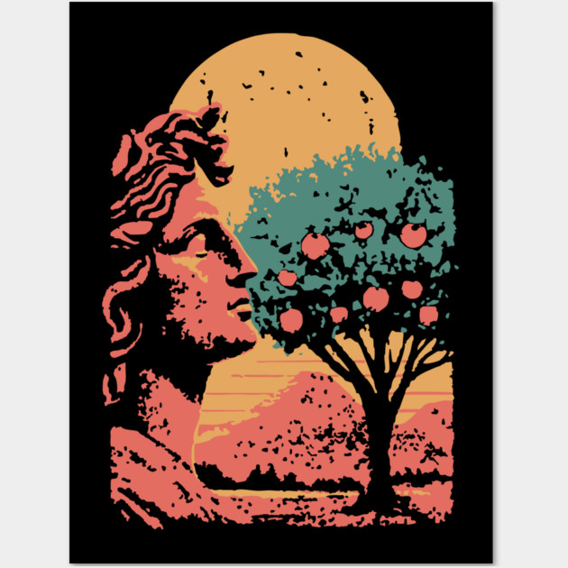 Contemplative Woman in Orange Grove - Retro Art Nouveau Illustration Wall Art by TuncGK