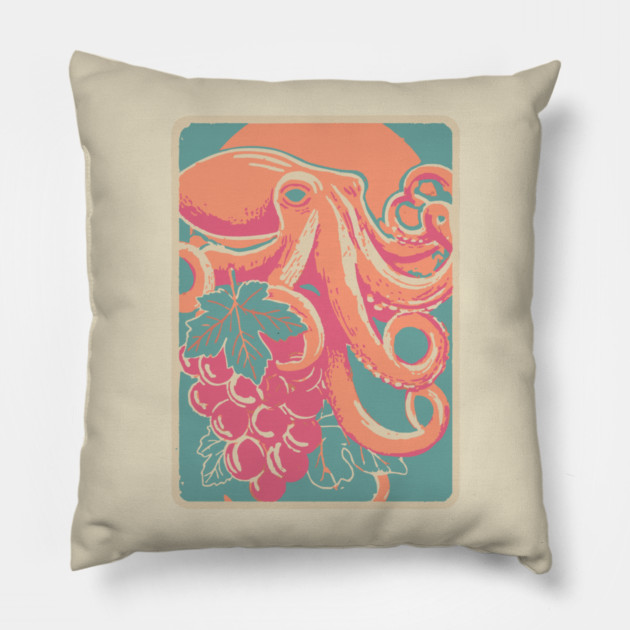 Octopus with Grapes of Bacchus - Surreal Art Nouveau Illustration Pillow by TuncGK