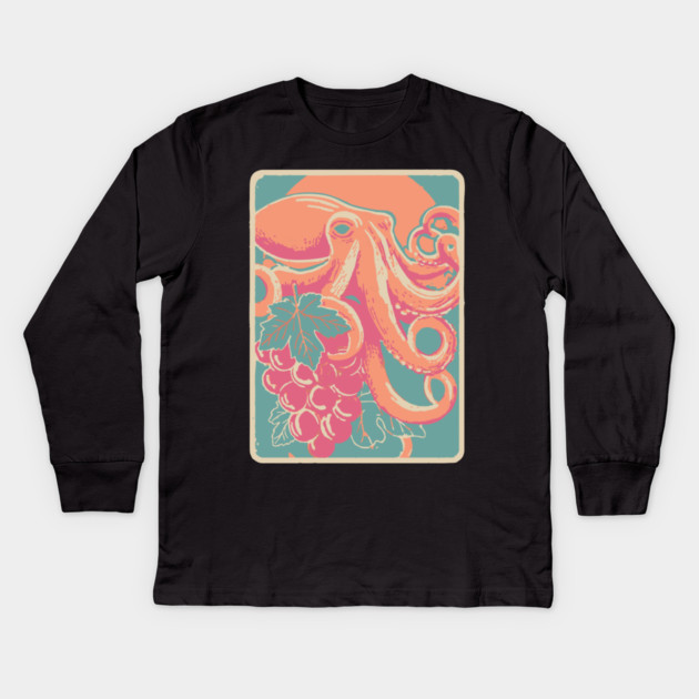 Octopus with Grapes of Bacchus - Surreal Art Nouveau Illustration Kids Long Sleeve T-Shirt by TuncGK