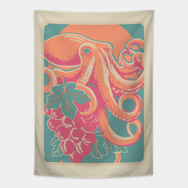 Octopus with Grapes of Bacchus - Surreal Art Nouveau Illustration Tapestry by TuncGK