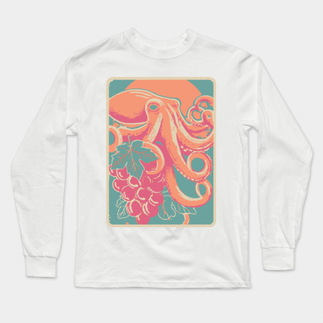 Octopus with Grapes of Bacchus - Surreal Art Nouveau Illustration Long Sleeve T-Shirt by TuncGK