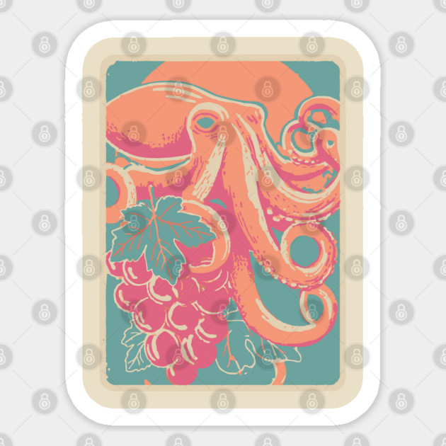 Octopus with Grapes of Bacchus - Surreal Art Nouveau Illustration Sticker by TuncGK