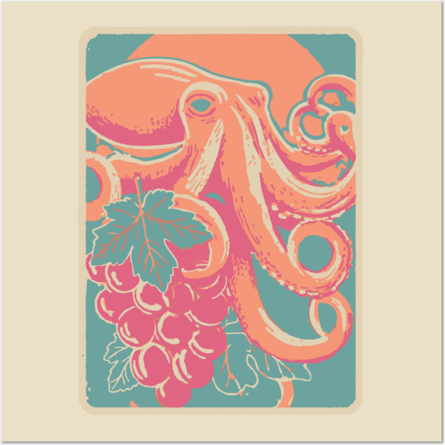 Octopus with Grapes of Bacchus - Surreal Art Nouveau Illustration Wall Art by TuncGK