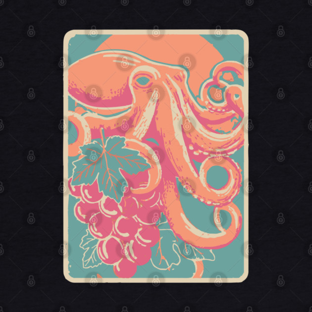 Octopus with Grapes of Bacchus - Surreal Art Nouveau Illustration by TuncGK