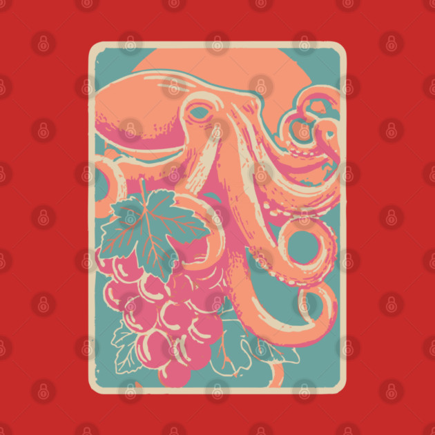 Octopus with Grapes of Bacchus - Surreal Art Nouveau Illustration by TuncGK