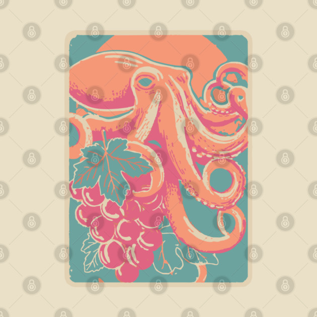 Octopus with Grapes of Bacchus - Surreal Art Nouveau Illustration by TuncGK