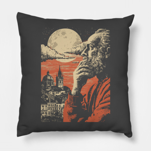 The Alchemist's Watch - Vintage Fantasy Cityscape Art Pillow by TuncGK