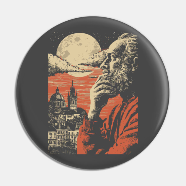 The Alchemist's Watch - Vintage Fantasy Cityscape Art Pin by TuncGK
