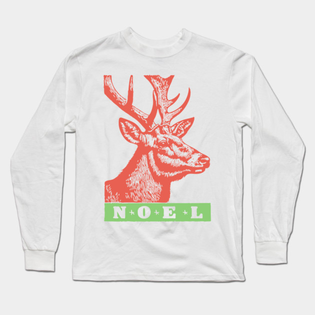 Minimalist Noel Stag - Retro Graphic Linocut Christmas Art Long Sleeve T-Shirt by TuncGK