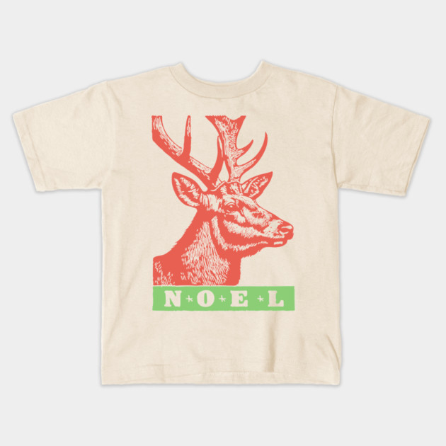 Minimalist Noel Stag - Retro Graphic Linocut Christmas Art Kids T-Shirt by TuncGK