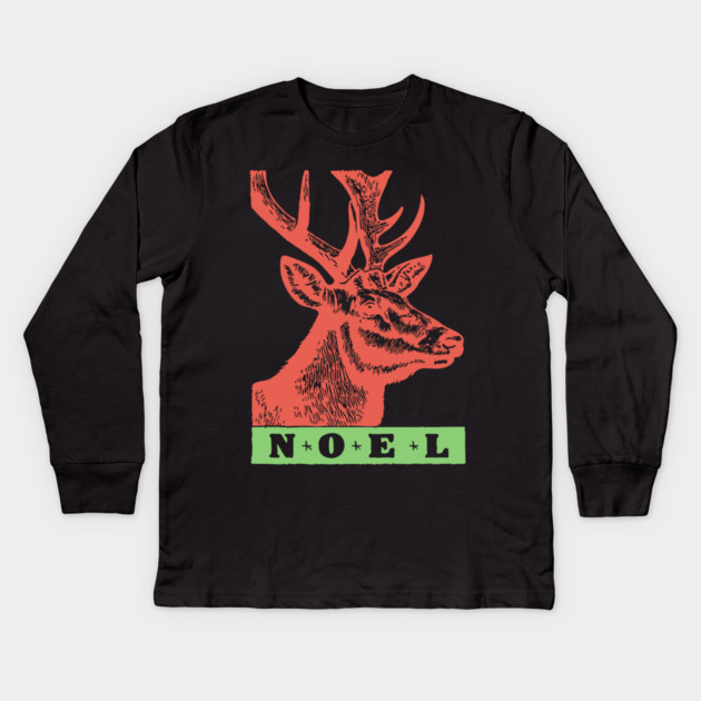 Minimalist Noel Stag - Retro Graphic Linocut Christmas Art Kids Long Sleeve T-Shirt by TuncGK