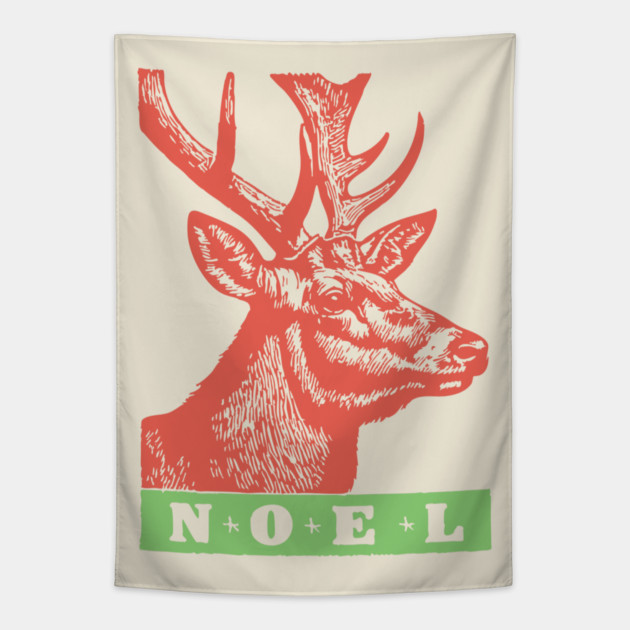 Minimalist Noel Stag - Retro Graphic Linocut Christmas Art Tapestry by TuncGK