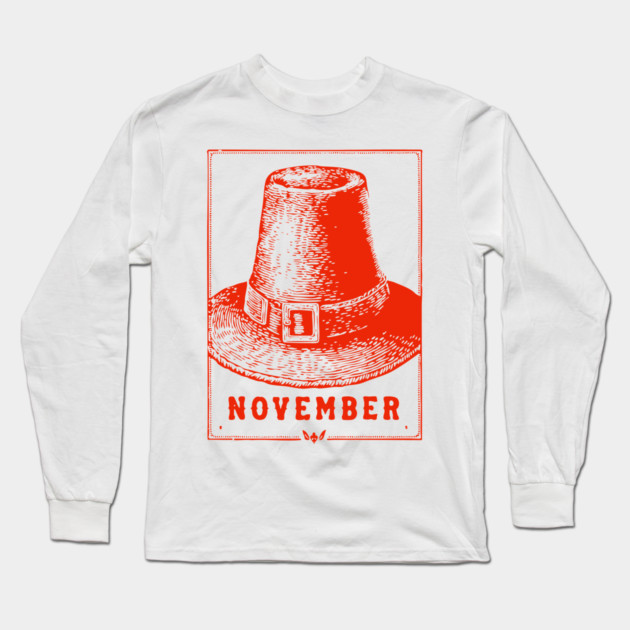 Vintage November Pilgrim Hat - Retro Thanksgiving Graphic Long Sleeve T-Shirt by TuncGK