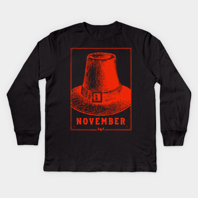 Vintage November Pilgrim Hat - Retro Thanksgiving Graphic Kids Long Sleeve T-Shirt by TuncGK