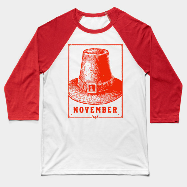 Vintage November Pilgrim Hat - Retro Thanksgiving Graphic Baseball T-Shirt by TuncGK