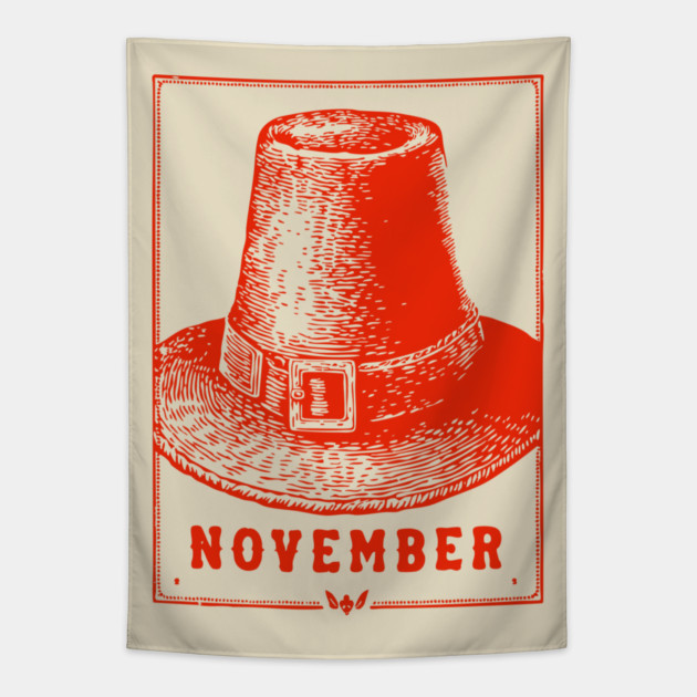 Vintage November Pilgrim Hat - Retro Thanksgiving Graphic Tapestry by TuncGK