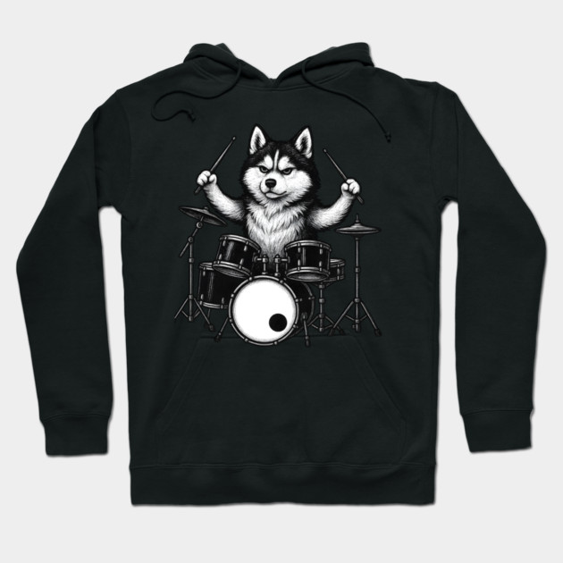 Rock Husky Drummer — Edgy Metal Dog on Drums Hoodie