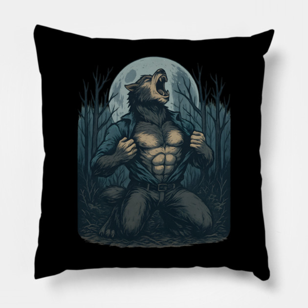 Werewolf Transformation Under Full Moon Vintage Horror Pillow by ArtistTee ⭐⭐⭐⭐⭐