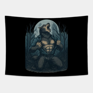 Werewolf Transformation Under Full Moon Vintage Horror Tapestry