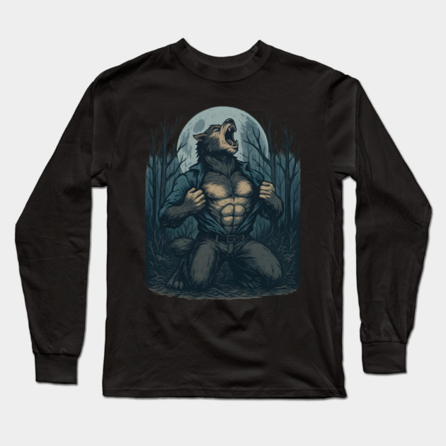 Werewolf Transformation Under Full Moon Vintage Horror Long Sleeve T-Shirt by ArtistTee ⭐⭐⭐⭐⭐