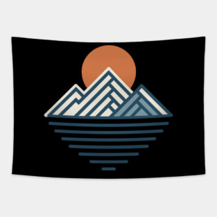 Minimal Mountain Sunset Line Art Tapestry