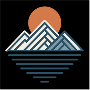 Minimal Mountain Sunset Line Art Posters and Art