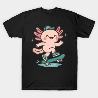 Kawaii Axolotl Skateboard Cute Skater Salamander Funny Animal Lover T-Shirt