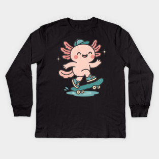 Kawaii Axolotl Skateboard Cute Skater Salamander Funny Animal Lover Kids Long Sleeve T-Shirt