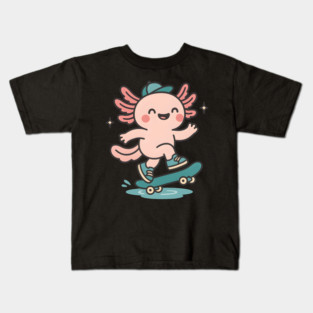 Kawaii Axolotl Skateboard Cute Skater Salamander Funny Animal Lover Kids T-Shirt