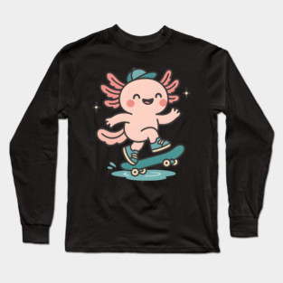 Kawaii Axolotl Skateboard Cute Skater Salamander Funny Animal Lover Long Sleeve T-Shirt