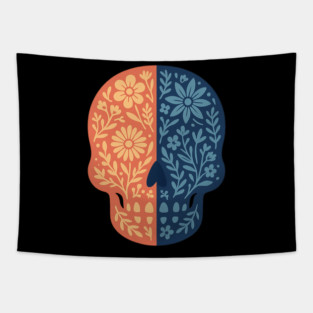Folk Floral Skull Boho Botanical Day-of-the-Dead Inspired Calavera Art Tapestry