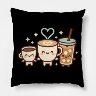 Cute Kawaii Coffee Trio Latte Cup & Iced Coffee Friends Barista Lovers Pillow