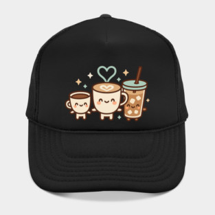 Cute Kawaii Coffee Trio Latte Cup & Iced Coffee Friends Barista Lovers Hat