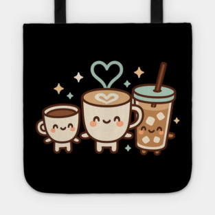Cute Kawaii Coffee Trio Latte Cup & Iced Coffee Friends Barista Lovers Tote