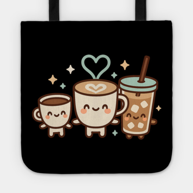 Cute Kawaii Coffee Trio Latte Cup & Iced Coffee Friends Barista Lovers Tote by ArtistTee ⭐⭐⭐⭐⭐