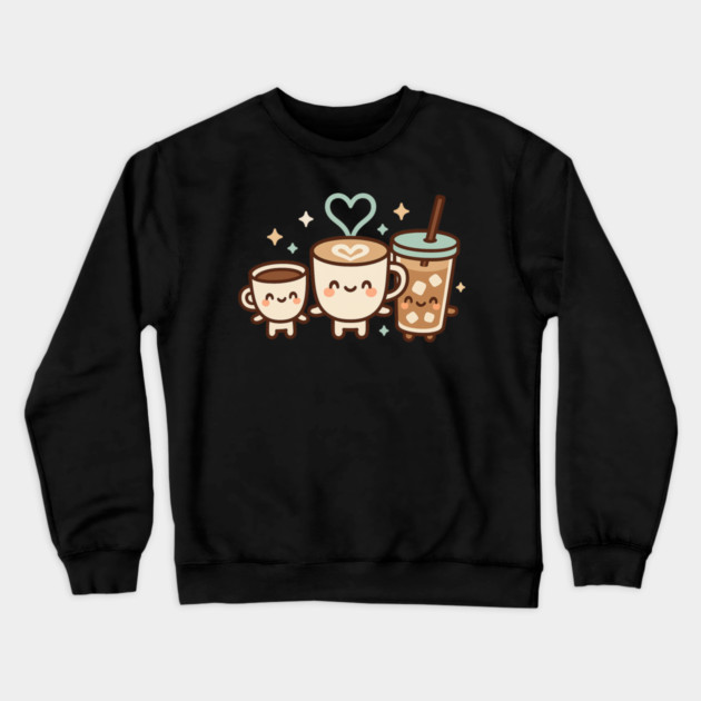 Cute Kawaii Coffee Trio Latte Cup & Iced Coffee Friends Barista Lovers Crewneck Sweatshirt by ArtistTee ⭐⭐⭐⭐⭐
