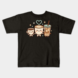 Cute Kawaii Coffee Trio Latte Cup & Iced Coffee Friends Barista Lovers Kids T-Shirt