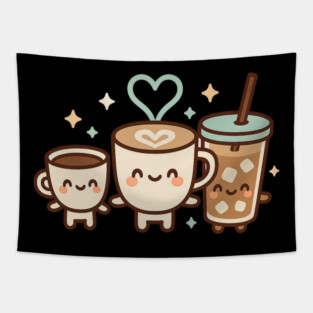 Cute Kawaii Coffee Trio Latte Cup & Iced Coffee Friends Barista Lovers Tapestry