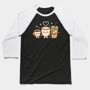 Cute Kawaii Coffee Trio Latte Cup & Iced Coffee Friends Barista Lovers Baseball T-Shirt