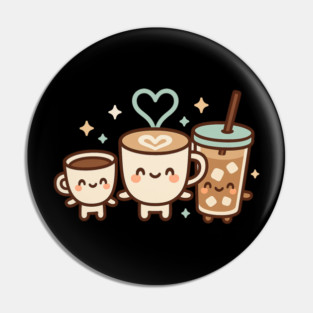 Cute Kawaii Coffee Trio Latte Cup & Iced Coffee Friends Barista Lovers Pin