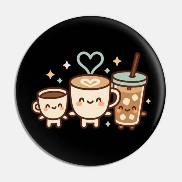 Cute Kawaii Coffee Trio Latte Cup & Iced Coffee Friends Barista Lovers Pin by ArtistTee ⭐⭐⭐⭐⭐