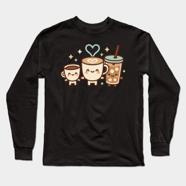 Cute Kawaii Coffee Trio Latte Cup & Iced Coffee Friends Barista Lovers Long Sleeve T-Shirt by ArtistTee ⭐⭐⭐⭐⭐