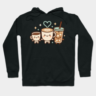 Cute Kawaii Coffee Trio Latte Cup & Iced Coffee Friends Barista Lovers Hoodie