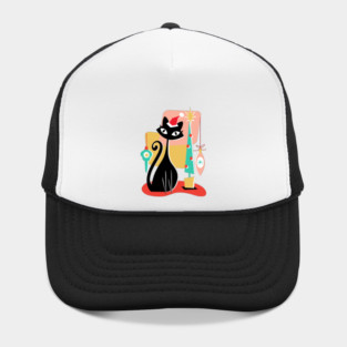 Christmas MCM Mid Century Modern Black Cat wearing a Santa Hat with festive decorations Hat
