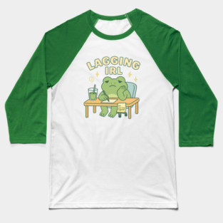 Lagging IRL Shirt | Cute Frog Procrastination Tee by Leaf & Lee – Relatable Softcore Humor for Overthinkers & Tired Brains Baseball T-Shirt