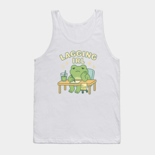 Lagging IRL Shirt | Cute Frog Procrastination Tee by Leaf & Lee – Relatable Softcore Humor for Overthinkers & Tired Brains Tank Top