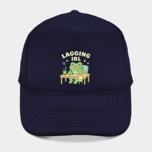 Lagging IRL Shirt | Cute Frog Procrastination Tee by Leaf & Lee – Relatable Softcore Humor for Overthinkers & Tired Brains Hat